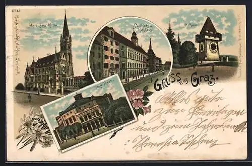 AK Graz, Herz-Jesu-Kirche, Landhaus und Rathhaus, Stadt-Theater, Uhrthurm