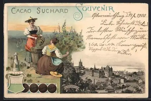 Lithographie Lausanne, Mädchen bei der Weinernte, Cacao Suchard, Wappen Vaud, Ortsansicht