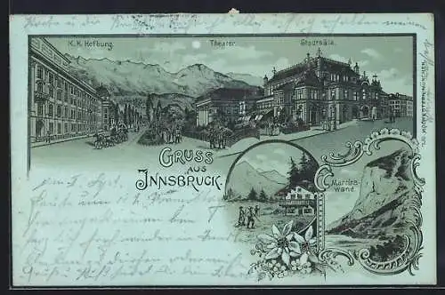 Mondschein-Lithographie Innsbruck, K. K. Hofburg mit Theater und Stadtsälen, Martinswand, Ortspartie