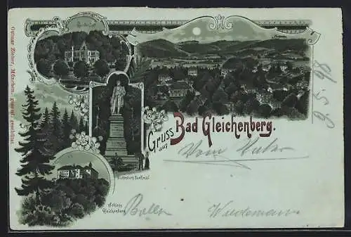 Mondschein-Lithographie Bad Gleichenberg, Hotel Gundenhof, Schloss Gleichenberg, Wickenburg-Denkmal