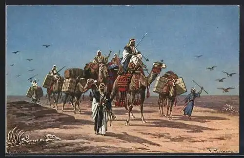 Künstler-AK Friedrich Perlberg: Ägypten, Karawane Kamelreiter in der Wüste