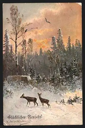 Künstler-AK M. Müller jun.: Rehe in winterlicher Dämmerung