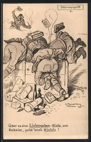 Künstler-AK Karl Pommerhanz: humoristische Darstellung, Sturmangriff, Plündern der Liebesgaben-Kiste