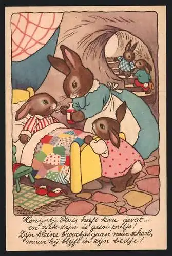 Künstler-AK Freddie Langeler: Hasenfamilie, Kind bekommt Medizin