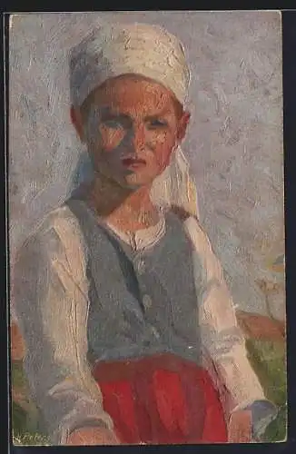 Künstler-AK Hela Peters: Hessisches Dorfkind mit weissem Kopftuch