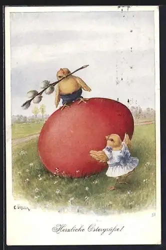 Künstler-AK C. Öhler: Osterküken mit Weidenkätzchen auf riesigem Osterei