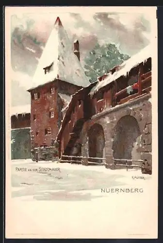 Künstler-AK K. Mutter: Nürnberg, Partie an der Stadtmauer, Winteransicht