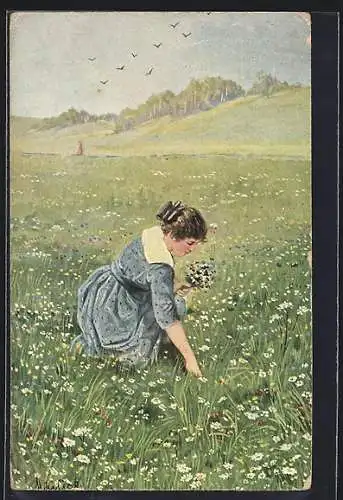 Künstler-AK Alfred Mailick: Feldblumen, Fräulein auf Wiese