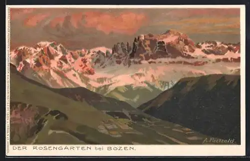 Künstler-Lithographie A. Paetzold: Der Rosengarten bei Bozen