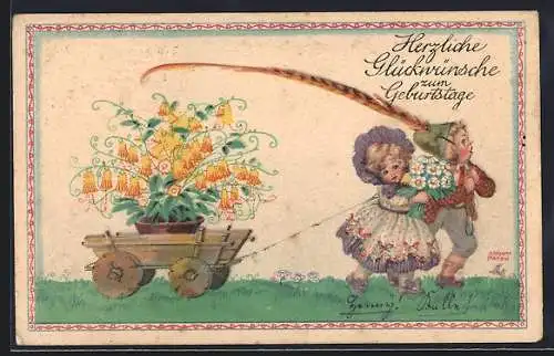 Künstler-AK sign. August Patek: Namenstag, 2 Kinder ziehen einen Wagen mit einem grossen Blumenstock, Jugendstil