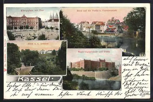AK Kassel, Regierungsgebäude und Fulda, Königsplatz mit Post