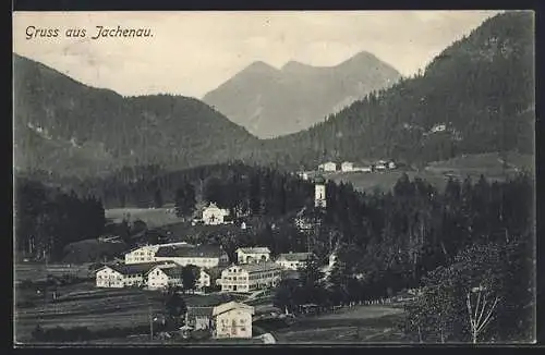 AK Jachenau, Ortsansicht mit Bergpanorama aus der Vogelschau