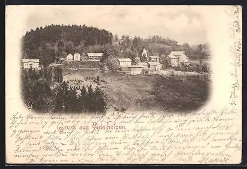 AK Adelholzen, Ortsansicht aus der Vogelschau, rückseitig Kirche