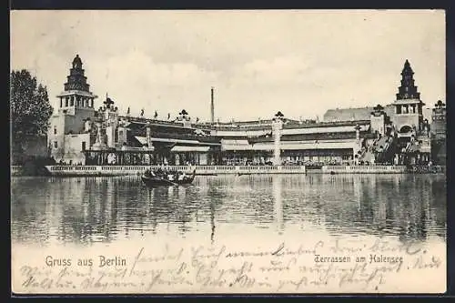 AK Berlin, Gaststätte Terrassen am Halensee, vom Wasser gesehen