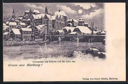 AK Marburg, Universität und Schloss im Winter von der Lahn aus