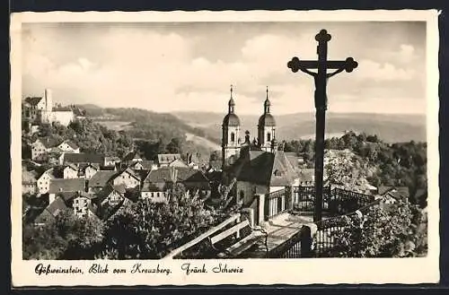 AK Gössweinstein /Fränk. Schweiz, Blick vom Kreuzberg mit Kirche und Jesuskreuz
