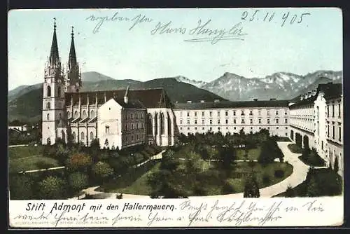 AK Admont, Blick auf die Stiftskirche mit den Hallermauern