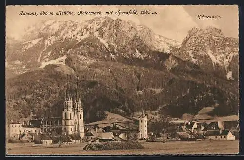 AK Admont /Steiermark, Ortsansicht mit Sparafeld und Hahnenstein