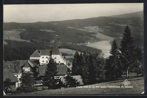 AK Pack an der neuen Packstrasse, Gasthof Packerhöhe mit Blick zum Stausee