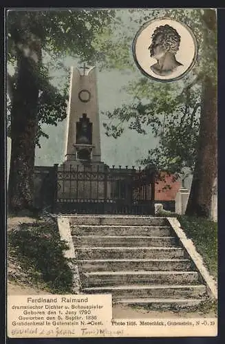 AK Gutenstein /N.-Oe., Ferdinand Raimund-Grabdenkmal mit Porträt