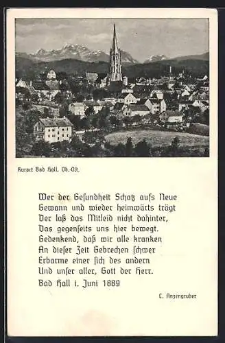 AK Bad Hall /Ob.-Öst., Ortsansicht aus der Vogelschau, Vers Wer der Gesundheit Schatz aufs Neue...