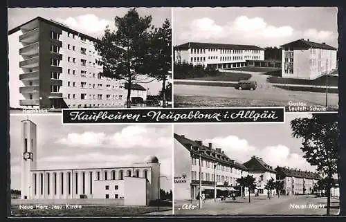 AK Kaufbeuren-Neugablonz, Hochhaus, Gustav Leutelt-Schule, Neue Herz Jesu-Kirche, Neuer Markt