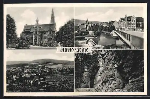 AK Alfeld /Leine, Rathaus, Leinebrücke mit Blick auf Stadt, Lippoldshöhe bei Brunkensen