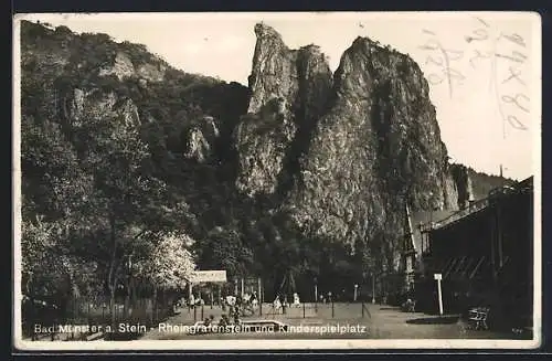 AK Bad Münster a. Stein, Rheingrafenstein und Kinderspielplatz