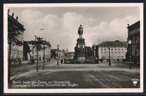 AK Berlin, Strasse Unter den Linden mit Universität, Staatsoper und Denkmal Friedrichs des Grossen