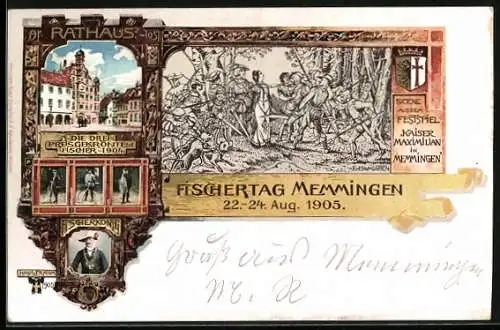 AK Memmingen, Fischertag 1905, Rathaus, die drei Gewinner 1904, der Fischerkönig, Festspiel-Szene