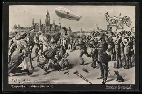 Künstler-AK Wien, Zeppelin über dem Rathaus