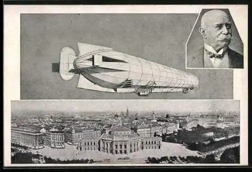 AK Wien, Graf Zeppelin mit seinem Lenkbaren Luftschiff in der Stadt