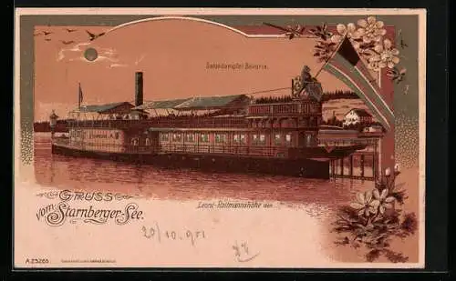 Lithographie Starnberger See, Salondampfer Bavaria am Anleger