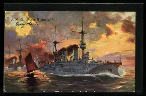 Künstler-AK China, Kriegsschiff S. M. S. Fürst Bismarck des Ostasiengeschwaders