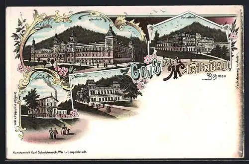 Lithographie Marienbad /Böhmen, Salz-Sudwerk, Moorbad, Neubad und Centralbad