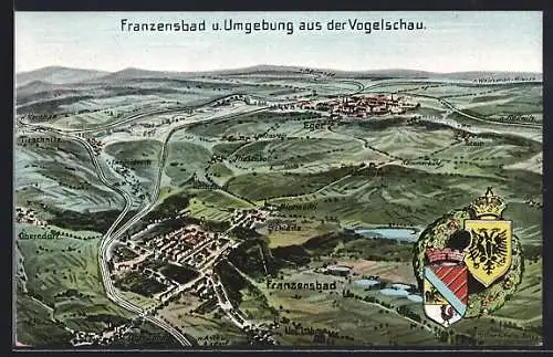 Künstler-AK Eugen Felle: Franzensbad, Landkarte mit Umgebung aus der Vogelschau, Wappen