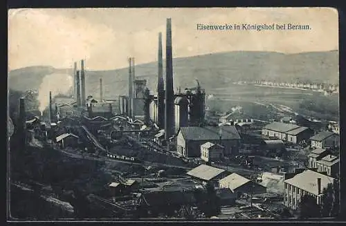 AK Königsdorf /Beraun, Eisenwerke mit Bahn und Bergpanorama aus der Vogelschau