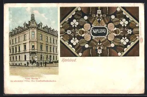 AK Karlsbad, Hotel Norma von der Strasse aus, Karsbad-Schriftzug mit Ornamenten