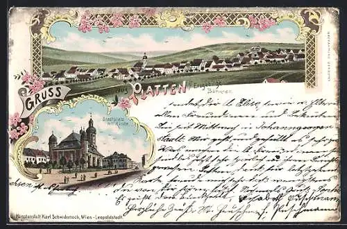 Lithographie Platten i. Erzgebirge, Stadtplatz mit Kirche, Ortsansicht