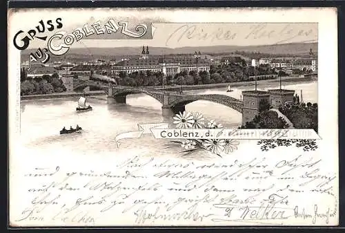 Lithographie Coblenz, Gesamtansicht mit Brücke