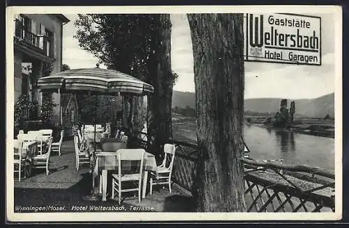 AK Winningen /Mosel, Hotel Gaststätte Weltersbach, Terrasse