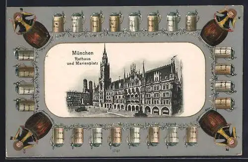 Grusskarten-AK München-Au, Rathaus und Marienplatz, Münchner Kindl und Brauerei-Bierkrüge