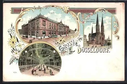 Lithographie Düsseldorf, Tonhalle, Maria Himmelsfahrts-Kirche