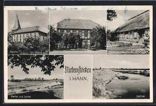 AK Niedernstöcken i. Hann., Geschäftshaus Hartung, Leine, Kirche