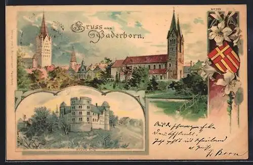 Lithographie Paderborn, Wewels-Burg, Teilansicht mit Kirche