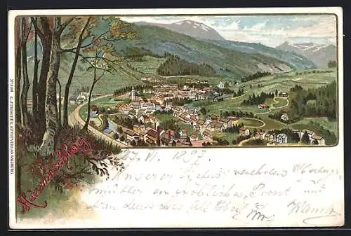 Lithographie Mürzzuschlag, Panorama ins Tal