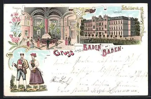 Lithographie Baden-Baden, Landesbad, Trinkhalle