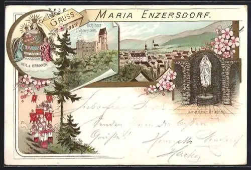 Lithographie Maria Enzersdorf, Ortsansicht, Schloss Lichtenstein und Prozession