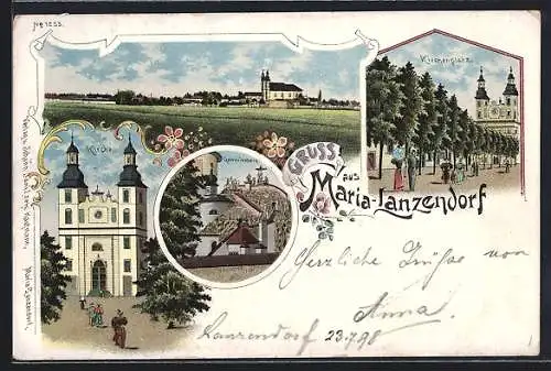 Lithographie Maria-Lanzendorf, Kirchenplatz, Ortsansicht und Kirche