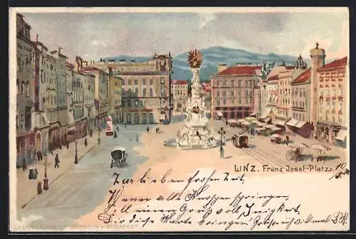 Lithographie Linz a. D., belebter Franz-Josef-Platz